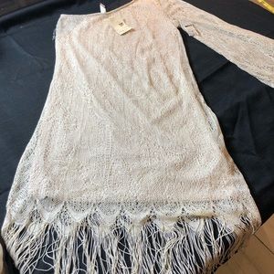 Pink Owl One Arm Fringed Mini Dress Flapper Girl, Costume, Evening Cream Color M